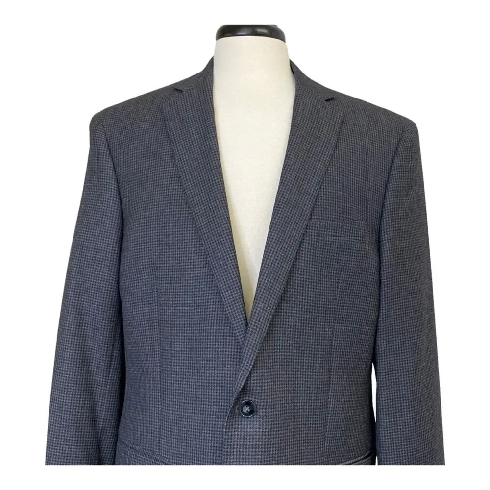 Calvin Klein Suit Jacket Mens 44L Gray Houndstooth Wool Two Button Blazer